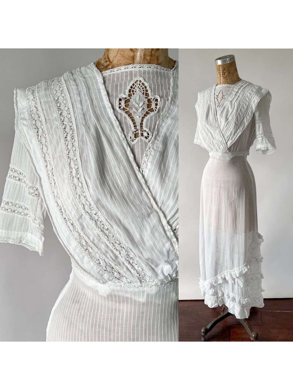 Antique Edwardian 1910s White Cotton Lace Ruffled Lingerie Dress XS XXS 23 24 W